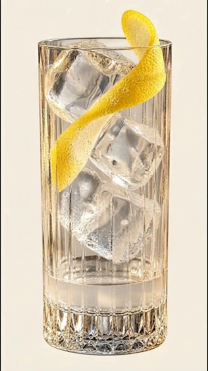 Gin tonic con ghiaccio e scorza di limone: rappresentazione editoriale del servizio